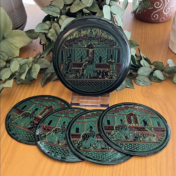 Source Unknown Other - Chinese Vintage Lacquer Wear Coaster Set 4 Pieces